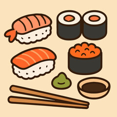 Illustration of a sushi set with various types of sushi, showcasing japanese cuisine and culture, perfect for foodrelated designs and culinary themes