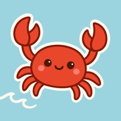 Illustration of a charming cartoon crab illustration, featuring a cute red crab with a happy smile, perfect for adding a touch of whimsy to any design, isolated on a light blue background