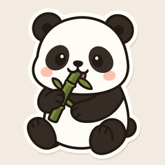 Illustration of adorable panda cartoon sticker eating bamboo, a cute and kawaii illustration of a bear character, perfect for childrens designs and animalthemed projects isolated on white