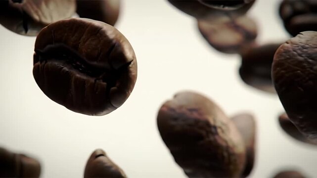 Macro Shot of Roasted Brown Coffee Beans Isolated on White Background In Studio