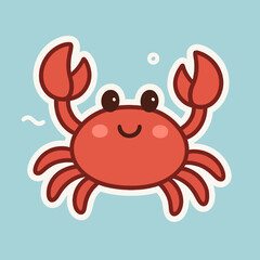 Illustration of a charming cartoon crab sticker, isolated on white background, showcases a cute and kawaii design with a happy expression, perfect for adding a touch of sweetness to any