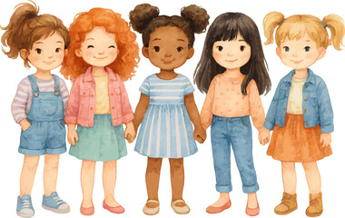 Watercolor Illustrations of Cute Girls in Various Outfits and Activities – Pastel Style