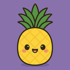 Illustration of a delightful cartoon illustration of a cute pineapple with a cheerful expression, set against a vibrant purple background, radiating tropical sweetness and joy