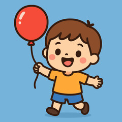 Illustration of a cheerful cartoon boy holding a red balloon on a blue background, perfect for childrens designs, featuring a cute and happy character with a playful expression