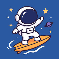 Illustration of a whimsical cartoon of an astronaut surfing through space, blending adventure and leisure, perfect for adding a touch of fun and imagination to any project, ideal for