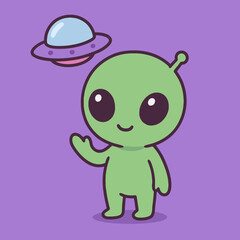 Illustration of a cute green alien character with a friendly smile is waving its hand while a flying saucer hovers above it, a whimsical cartoon illustration on a purple background