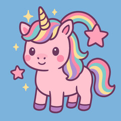 Illustration of a cute pink unicorn cartoon character with a rainbow mane and tail, surrounded by sparkling stars, a magical and whimsical illustration on a blue background