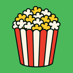 Illustration of a classic striped popcorn bucket filled with fluffy kernels, a perfect treat for movie night, rendered in a vibrant cartoon style against a green background