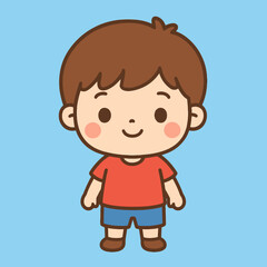 Illustration of a cute cartoon boy character standing with a happy smile, isolated on a blue background, perfect for childrens illustrations, school projects, or fun design elements