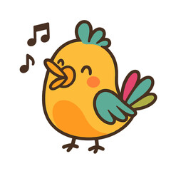 Illustration of a cute cartoon bird singing with musical notes isolated on transparent background, a cheerful and colorful illustration perfect for childrens designs and playful themes,
