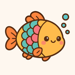 Illustration of a cute cartoon fish with bubbles, a cheerful and colorful illustration isolated on white background, perfect for childrens designs and playful themes, vibrant and artistic