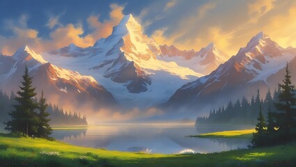 Majestic snow capped mountain range illuminated by golden sunrise over calm lake and green meadow peak