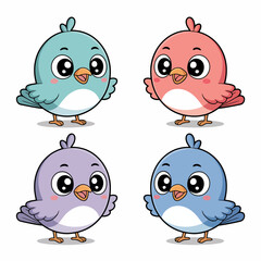 Illustration of four adorable cartoon birds with big eyes, isolated on white background, showcasing a cheerful and colorful design suitable for childrens illustrations or decorations