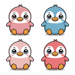 Illustration of a charming pattern featuring four cute cartoon penguins isolated on white background, each with a unique color and expression, perfect for adding a touch of whimsy to any