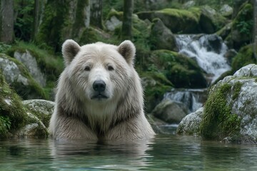 Obraz premium Majestic White Bear in Clear Stream with Serene Nature, Forest Landscape, and Wildlife Portrait.
