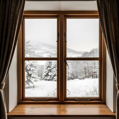 Winter Wonderland through the window: A captivating scene unfolds as a window frames a picturesque winter landscape, where snow-covered trees and rolling hills create a serene atmosphere. 