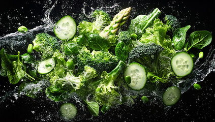 Fresh green vegetables including broccoli and cucumber slices splashing through water against a dark background