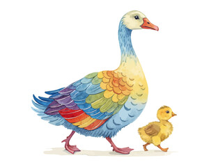 watercolor mother goose with her kid vector illustration isolated on white background
