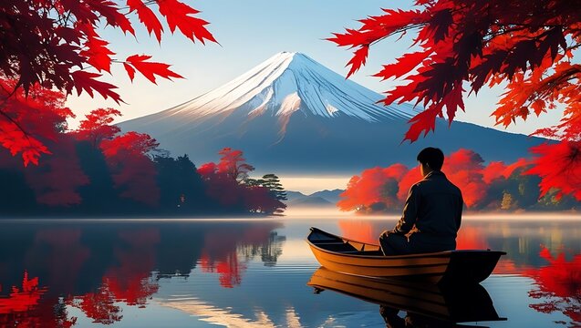 Man in boat on calm lake with snow capped mountain and red maple leaves image