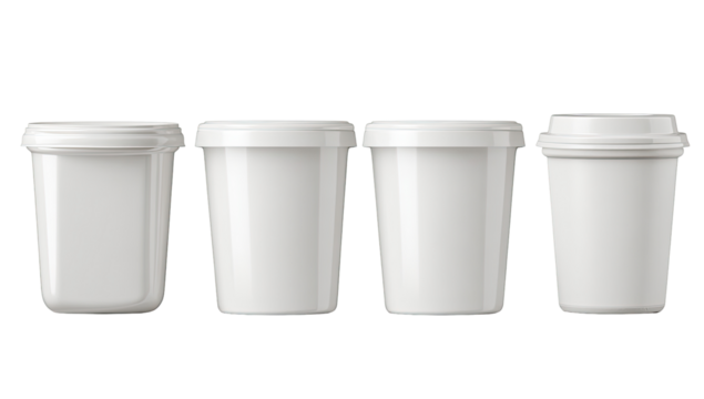 Four blank, white disposable cups, lined up horizontally.  Each cup has a smooth, slightly ribbed exterior and a white lid