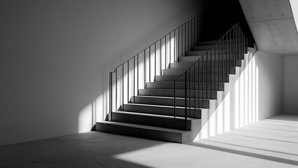 Minimalist concrete staircase with black railing and dramatic light and shadow patterns architecture