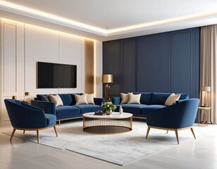 Luxurious living room with navy blue velvet sofas, gold accents, and a modern coffee table