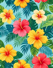 Vibrant Hibiscus and Tropical Leaf Seamless Pattern