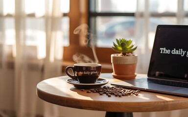 Steaming coffee cup and coffee beans on a wooden table next to a laptop with city view drink