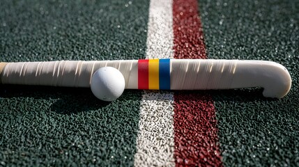 Field hockey stick and ball on turf surface with colorful design and textured background