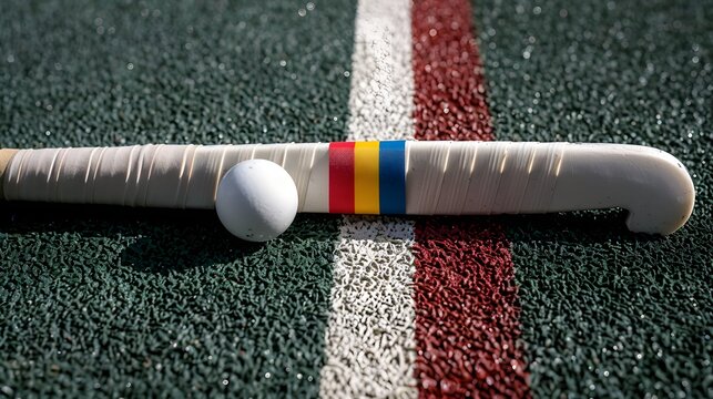 Field hockey stick and ball on turf surface with colorful design and textured background