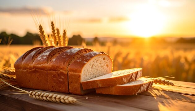 Loaf of bread, sliced, sits on wood with wheat stalks at sunset