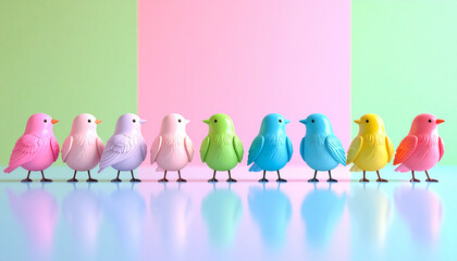 Colorful Bird Array: A vibrant array of colorful bird ornaments, arranged in a neat row, create a whimsical and cheerful scene, with playful hues and a sense of lightheartedness.