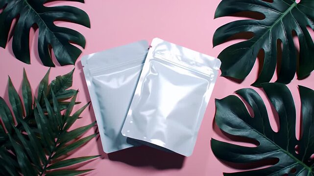 Two White Pouches Surrounded By Green Tropical Leaves on Pink Background