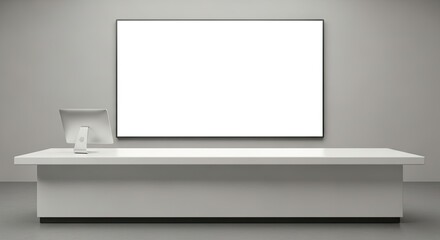 Modern retail checkout counter with blank screen and empty whiteboard in minimal space.