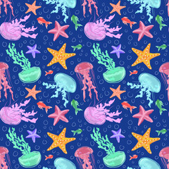 Underwater Sea Life Pattern with Jellyfish and Starfish