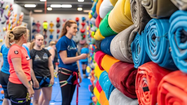 Group of Climbers Engaged in Climbing Gym Activities with Colorful Mats in Background - Powered by Adobe