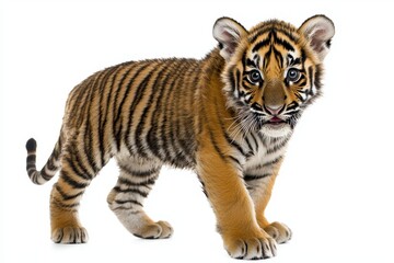 Two months old Sumatran tiger cub standing, isolated on white