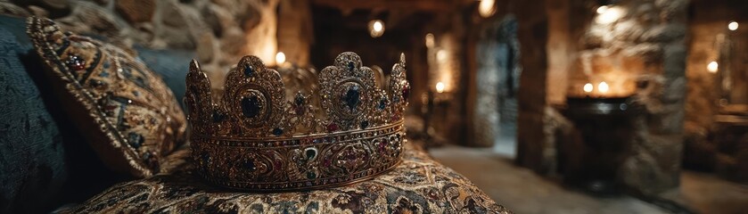Naklejka premium Glorious crown for antique fantasy concept. A regal crown resting elegantly on an ornate cushion.