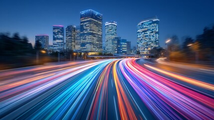 Night city traffic trails with futuristic cityscape lights, blur effect, and urban transport.