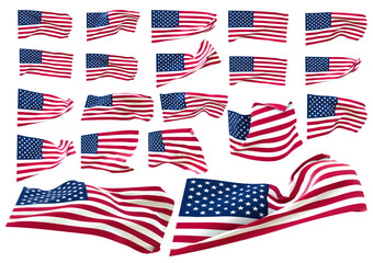 US flags 20 different shapes isolated vector objects and layers created by 3D modeling as swaying wind.