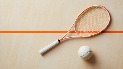 Squash rackets and balls on a light wooden floor with orange stripes. Illustration for a sports background.