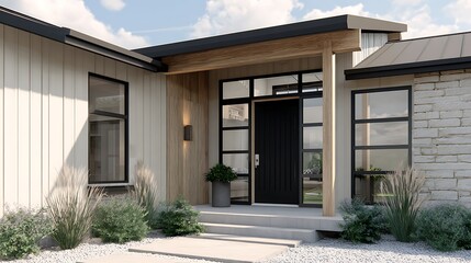 Modern House Entrance with Black Door and Stone Exterior