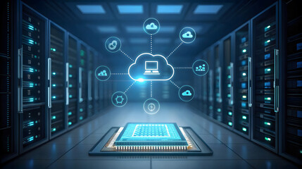 Glowing Computer Chip and Cloud Network in Server Room