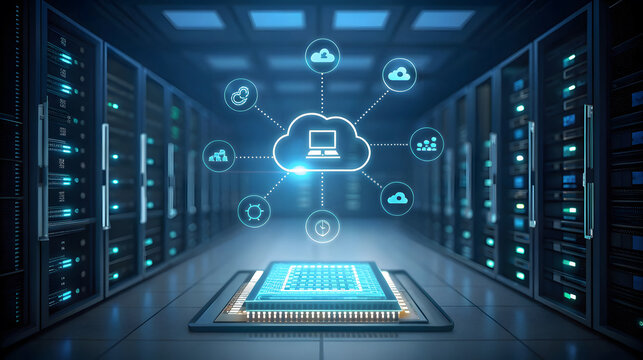 Glowing Computer Chip and Cloud Network in Server Room
