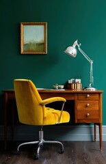 Yellow velvet chair illuminating modern home office with green wall