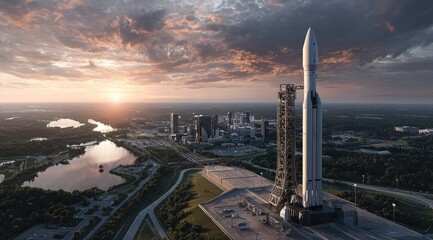 Sunset over cityscape with large rocket on launchpad