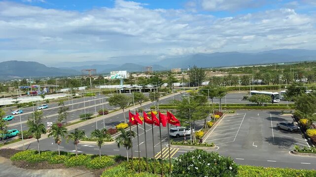 Vietnam, Nha Trang - 05.07.2025 - Red flag of Vietnam, yellow star on a red background. Socialism, sickle and hammer on the flag, USSR banner, ideology communism, Cam Ranh airport