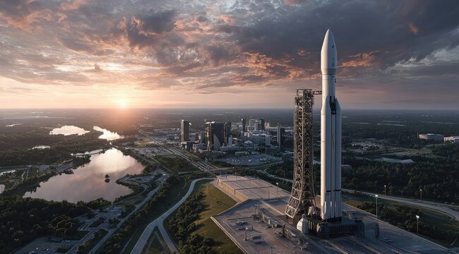 Sunset over cityscape with large rocket on launchpad