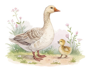 watercolor mother goose with her kid vector illustration isolated on white background