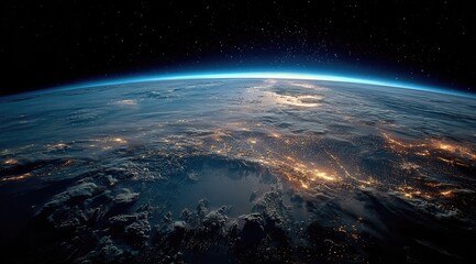 Fototapeta premium Night view of Earth from space, showing city lights and cloud cover (1)